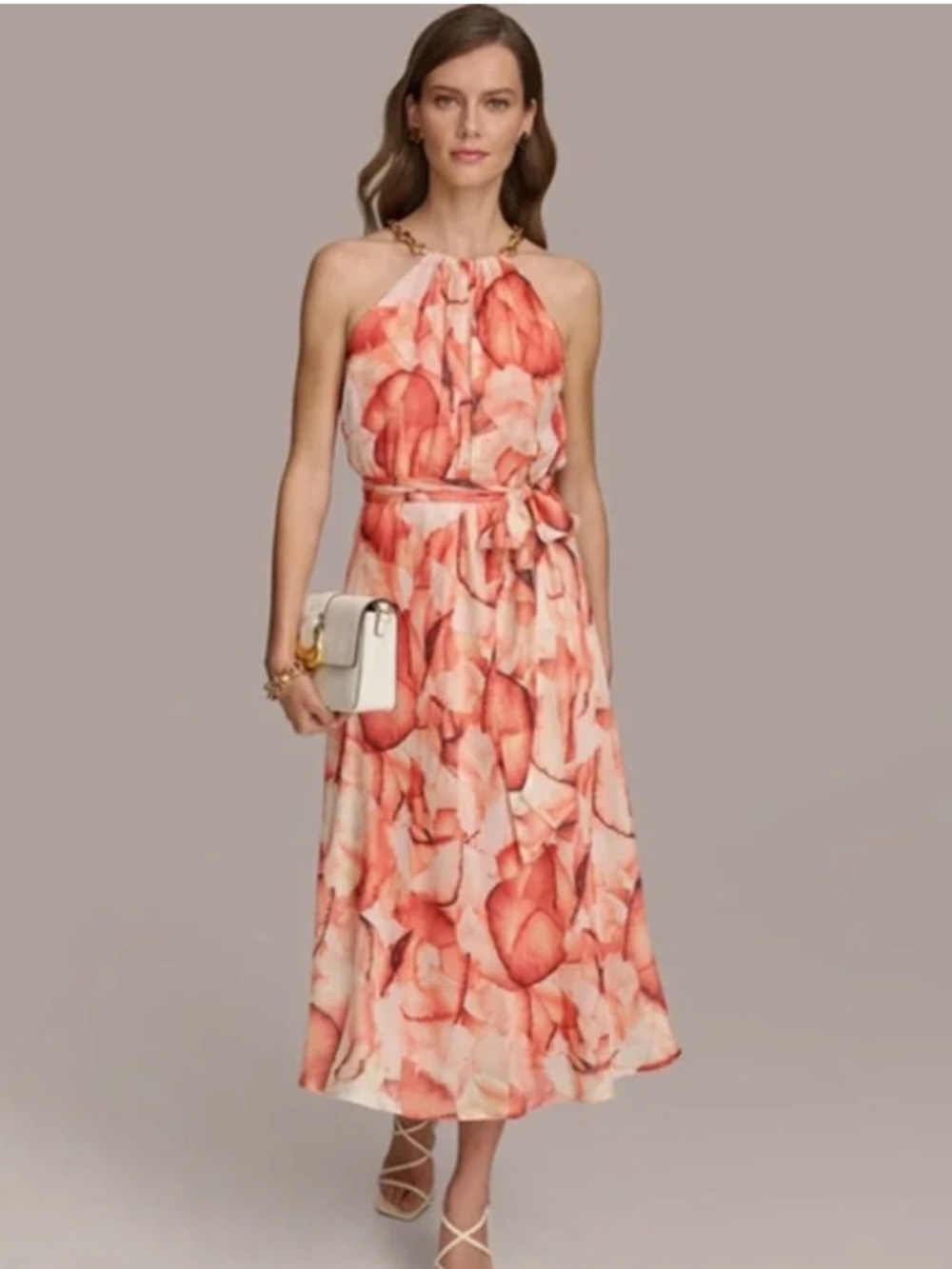 Donna Karan Midi A-Line Dress Orange and Cream Size 14 NWT